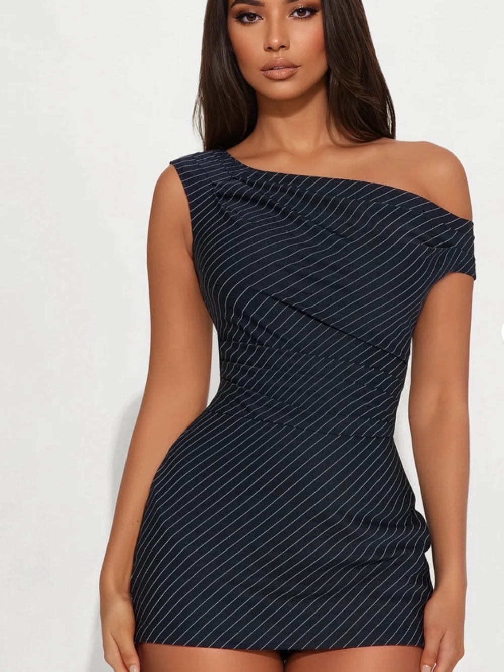 Fashion Nova Navy Pinstripe One-Shoulder Bodycon Dress